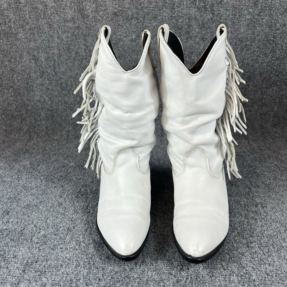Vintage White Leather Fringe Western Cowboy Boots Women’s 3.5M